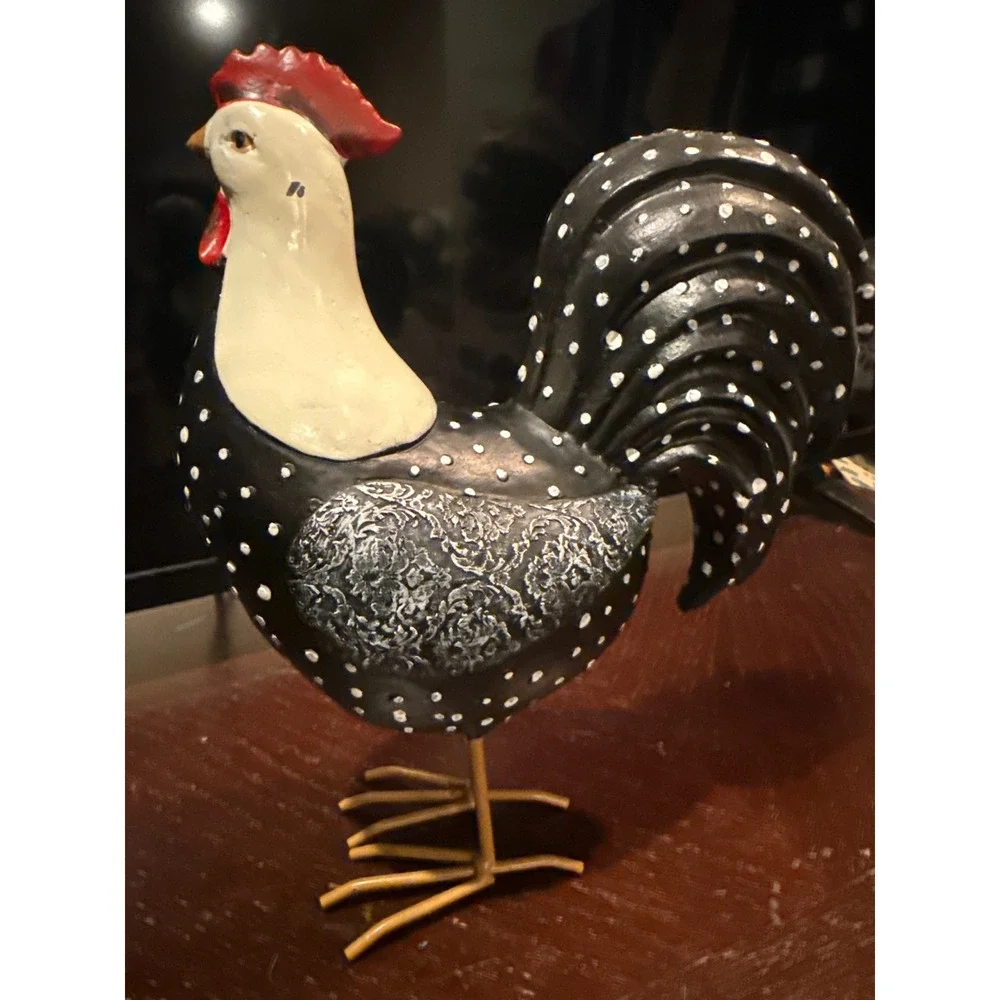 Black White Polka Dot Rooster Figurine Farmhouse Decor Metal Legs Chicken Statue